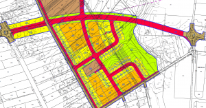ייעוד החלקות הנ"ל לבנייה משולבת של צמודי קרקע (צבע צהוב) ובנייה רוויה (כתום) מתוך תשריט ייעודי הקרקע המצורף לתכנית מספר 308-077594 - "פרדס חנה על הפארק. להגדלה - לחץ על התמונה
